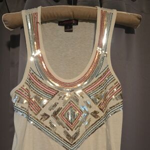 Rock & Roll Cowgirl Cream Pink Sequin Embellished Tank Top